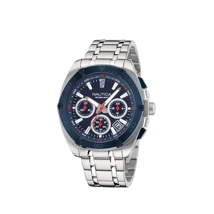 Nautica NAPTCS304 Tin Can Bay Chronograph Silver Stainless Steel / Blue Silicone Strap Watch For Men
